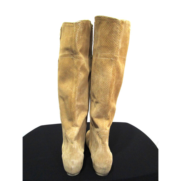 Sundance Tan Brown Perforated Suede Knee High Pull On Boots Women 8 US/39 EU - Picture 7 of 12